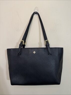 Tory Burch York Buckle Tote Black Saffiano Leather Gold Hardware Medium Classic
